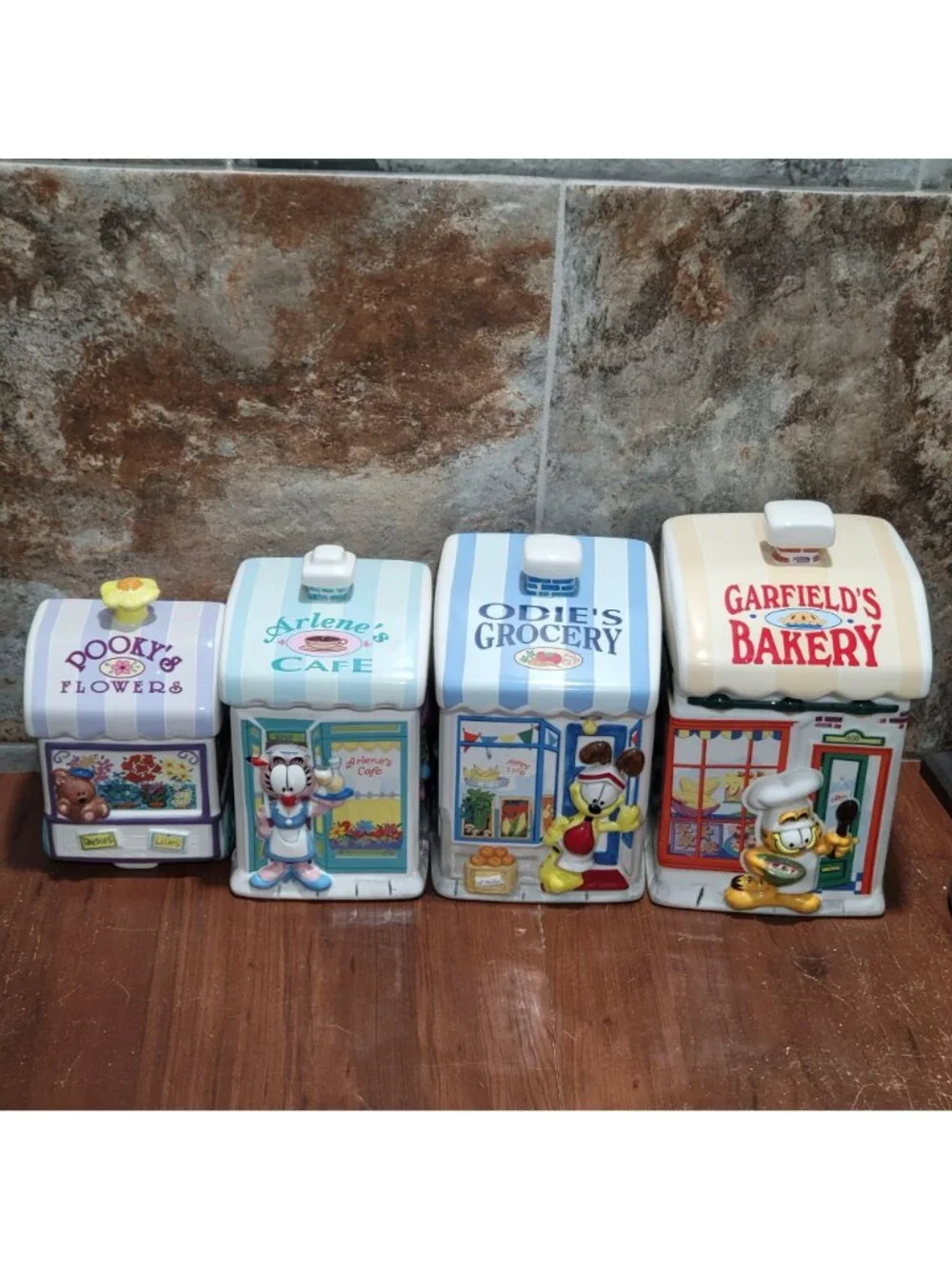 Vintage Garfield Danbury Mint Ceramic Canister Set Complete 4pc Bakery Grocery f